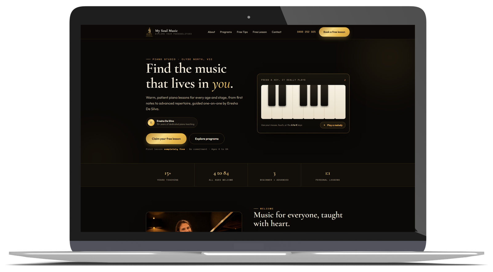 My Soul Music Academy homepage shown on a laptop screen